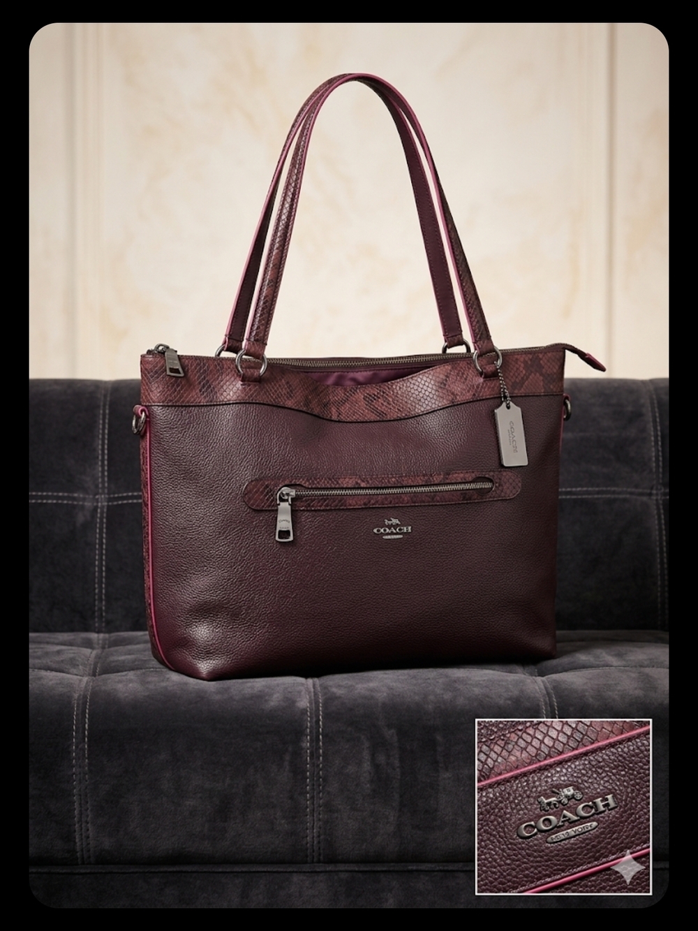 Coach Deep Burgundy Leather Tote with Textured Trim